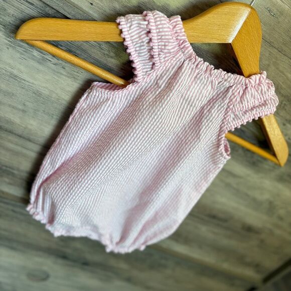 Mud Pie Pink & White Striped Seersucker Ruffle Romper w/ Tennis Racquets & Ball - Picture 10 of 11